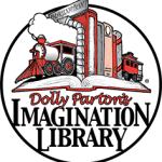 Dolly PArton Imagination Library logo, a steam train coming through a tunnel of books